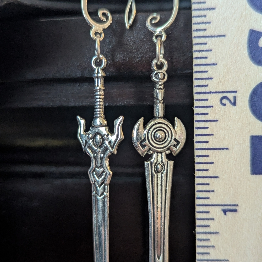 Silver Sword Design Earrings with Intricate Detailing - Picture 2 of 4